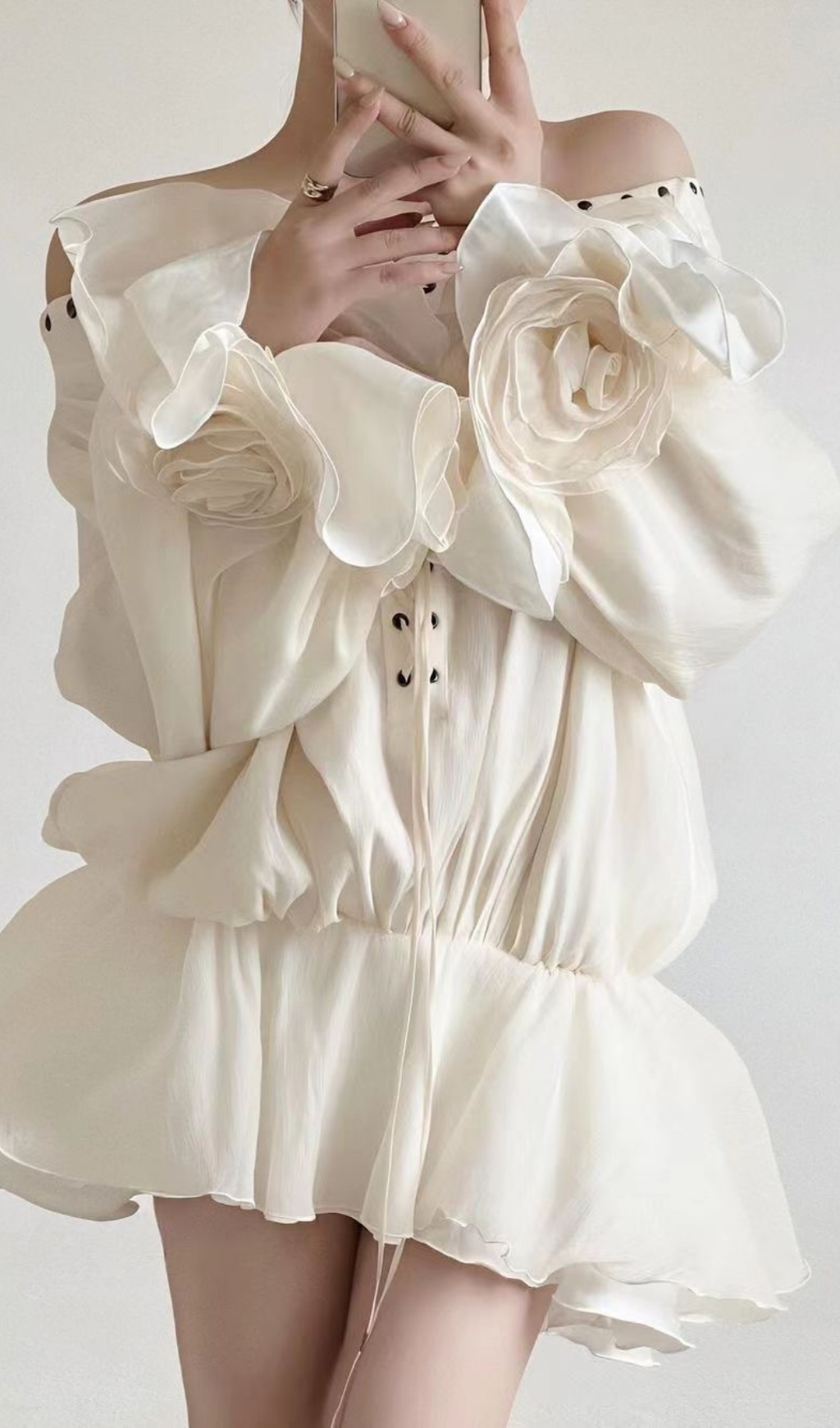 off-shoulder flared sleeve mini shirt dress in white