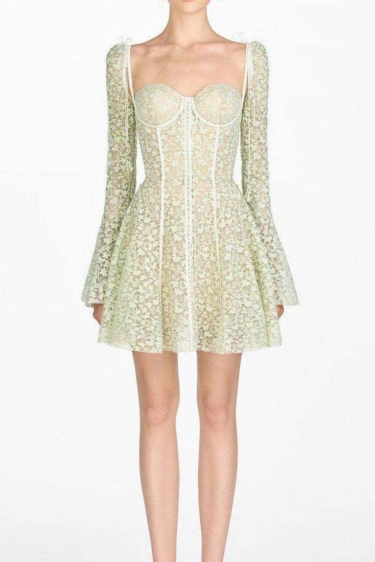 TERESA TRUMPET SLEEVE LACE EMBROIDERY MINI DRESS IN GREEN