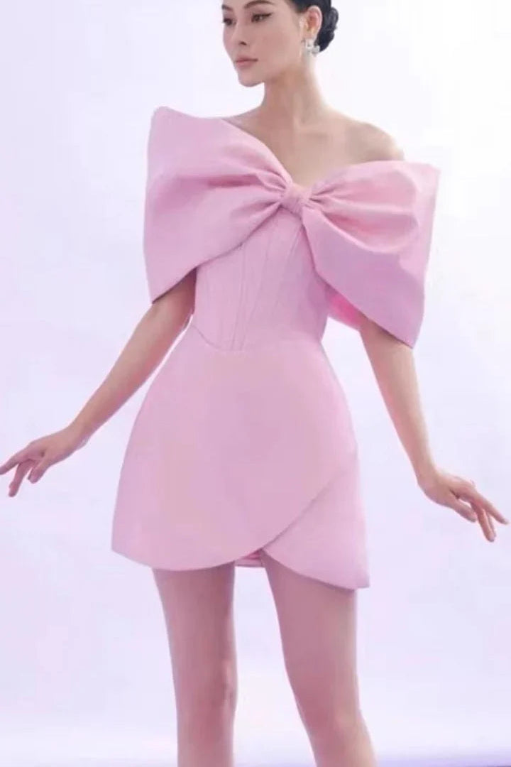 PINK OFF SHOULDER BOW CORSET MINI DRESS