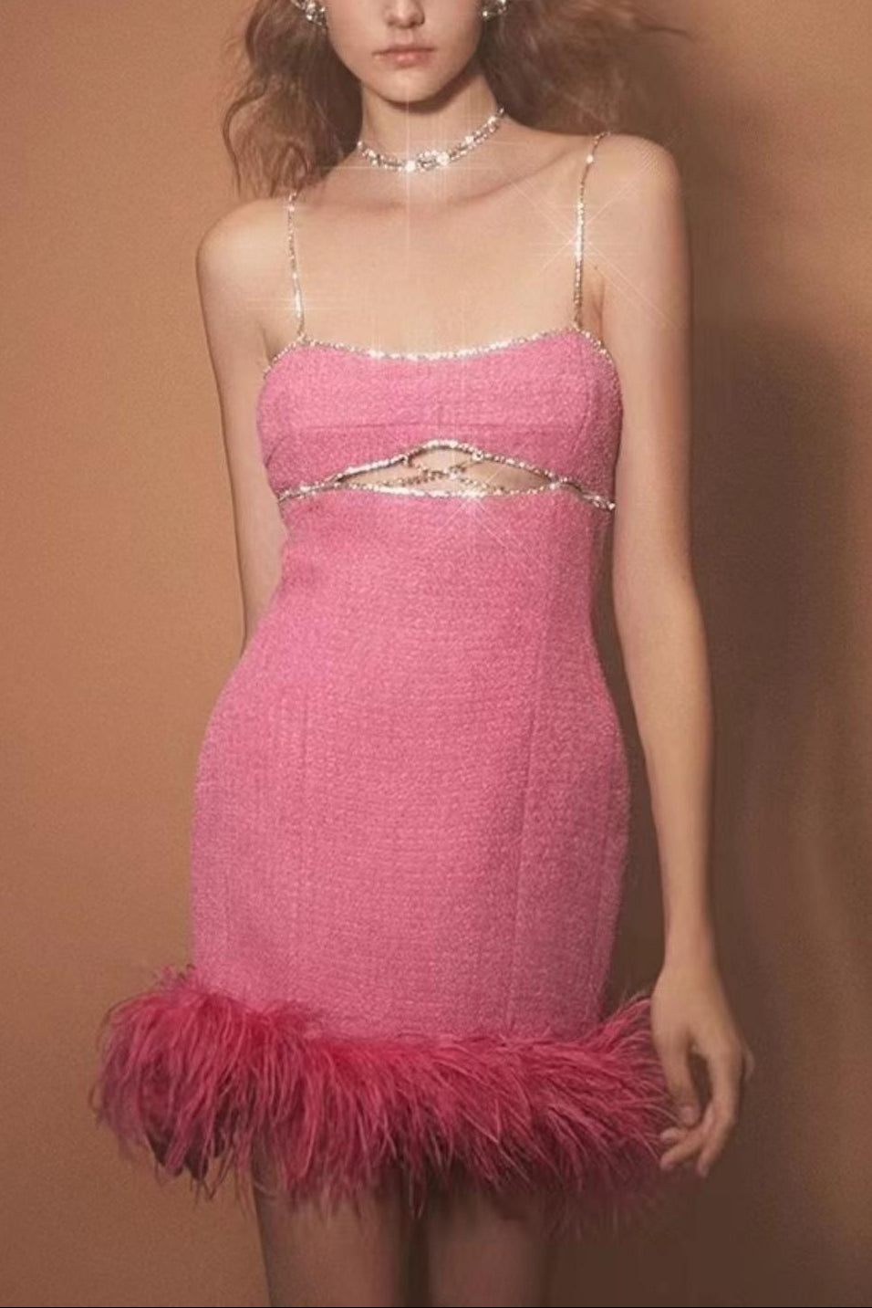 CUT OUT CRYSTAL FEATHER MINI DRESS IN HOT PINK