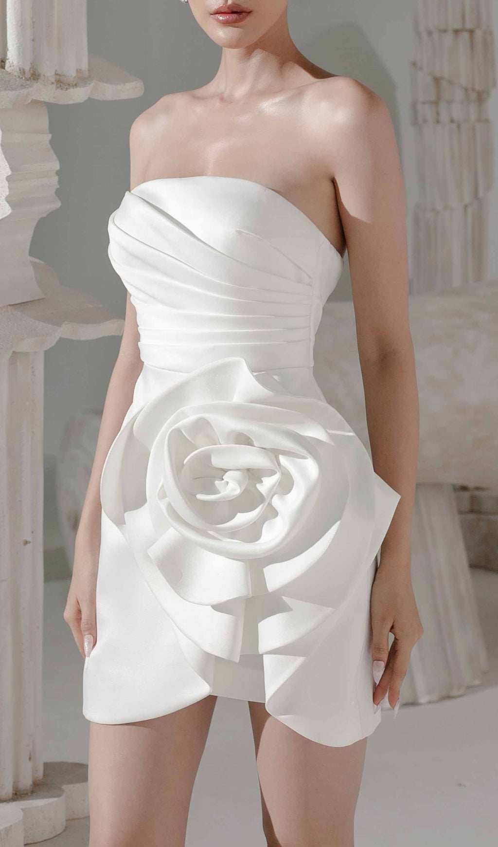 APPLIQUÉD SATIN MINI DRESS IN WHITE