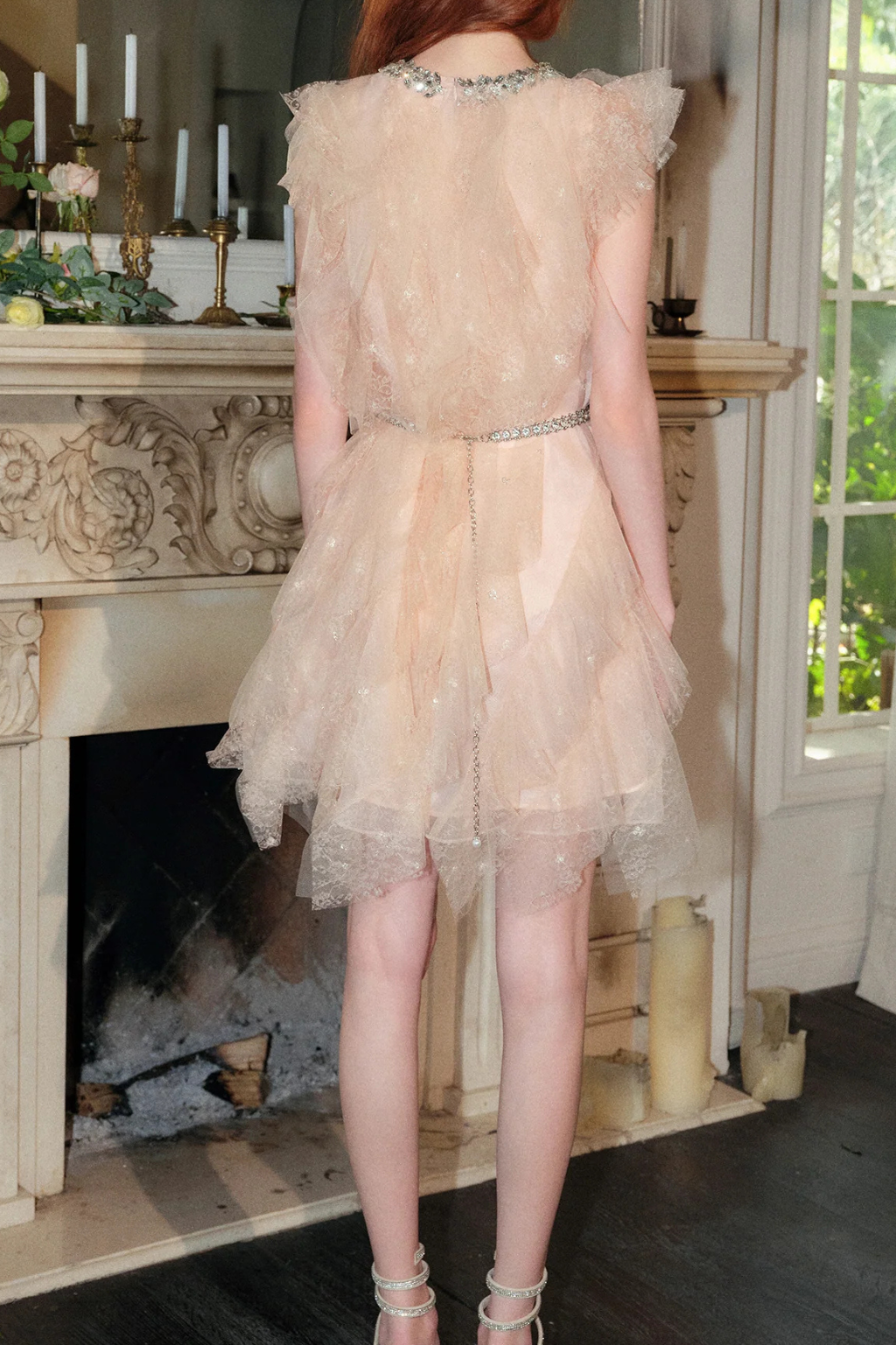 Crystal Embellished Ruffle mini Dress in pale pink