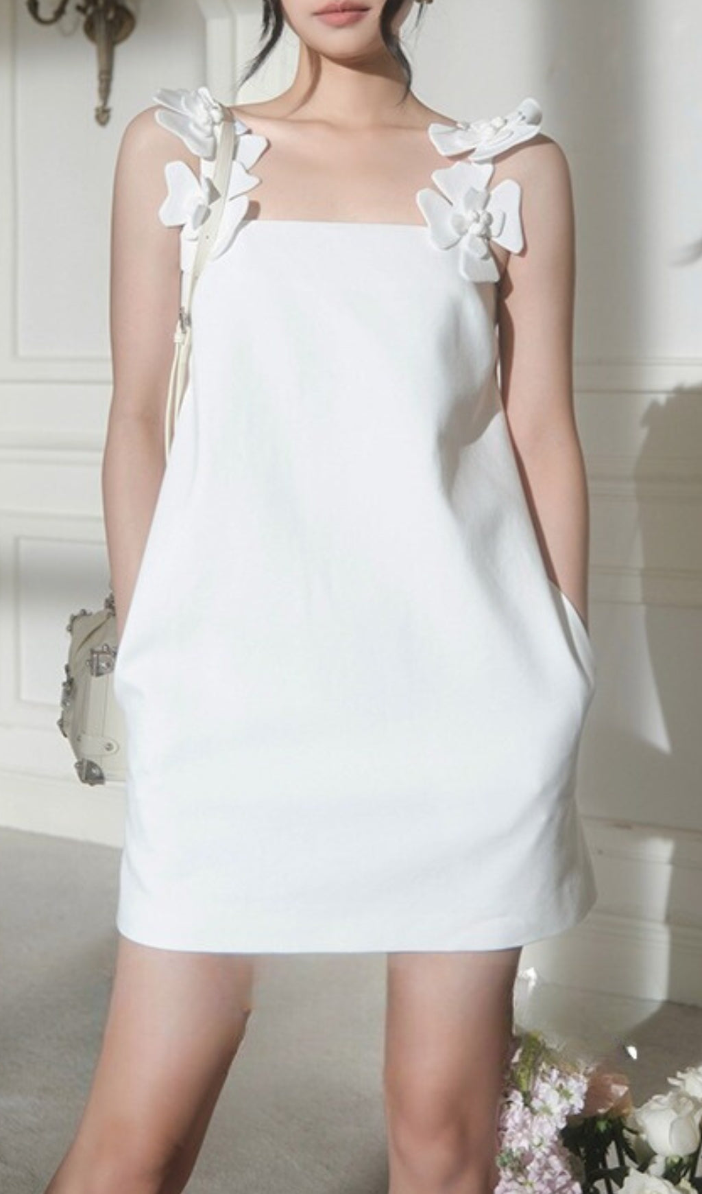 3D Floral Shoulder Strap Halter Mini Dress In White