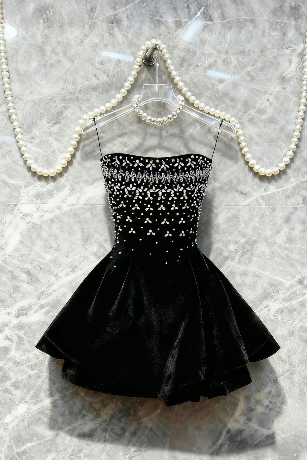 CRYSTAL BEADING STRAPLESS MINI DRESS IN BLACK
