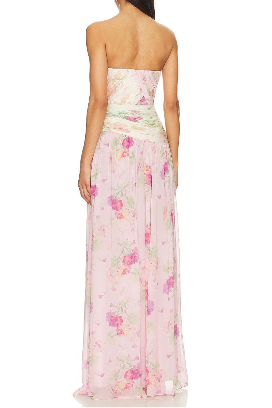 PINTIL STRAPLESS PLEATED FLORAL MAXI DRESS IN MULTI