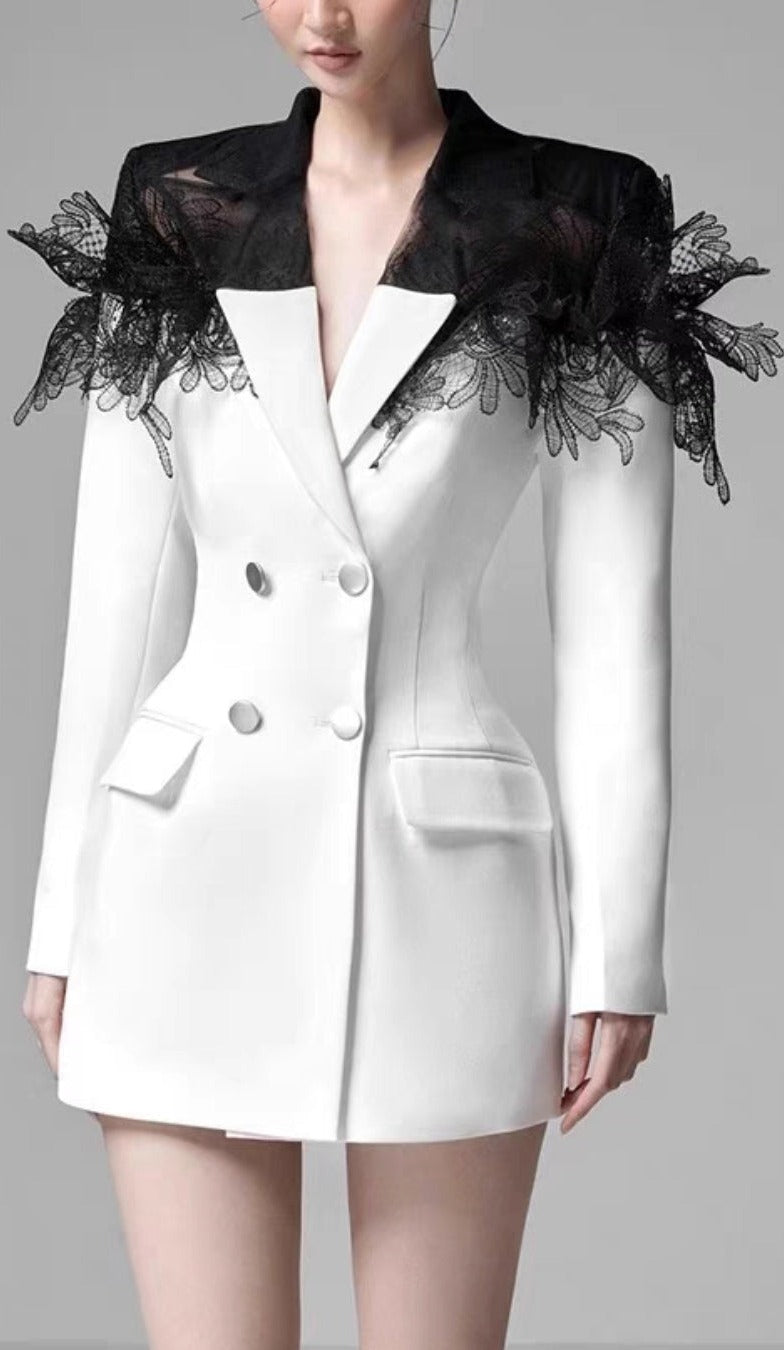 3D EMBROIDERED SUIT DRESS IN WHITE