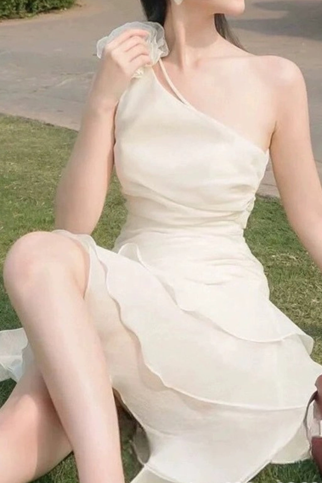 Flower one shoulder ruffle mini dress in white