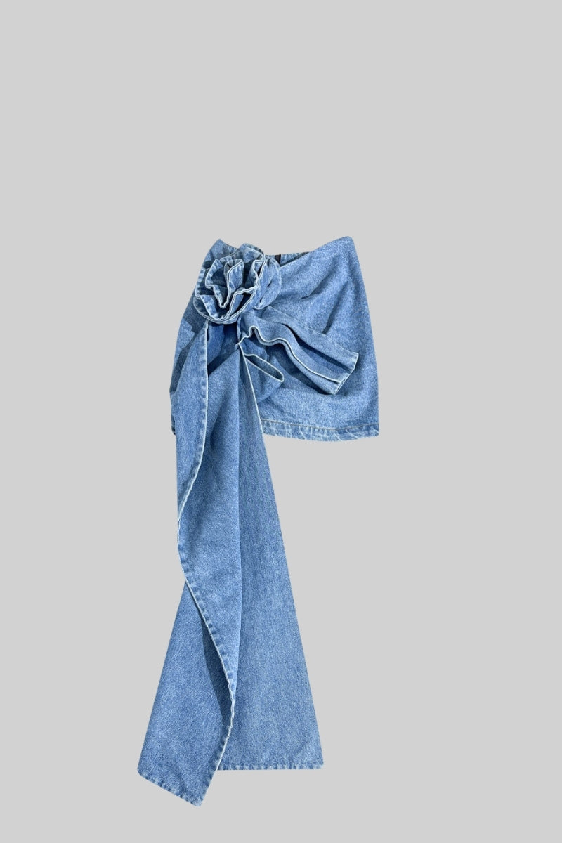 Asymmetrical Floral Denim Skirt - Blue