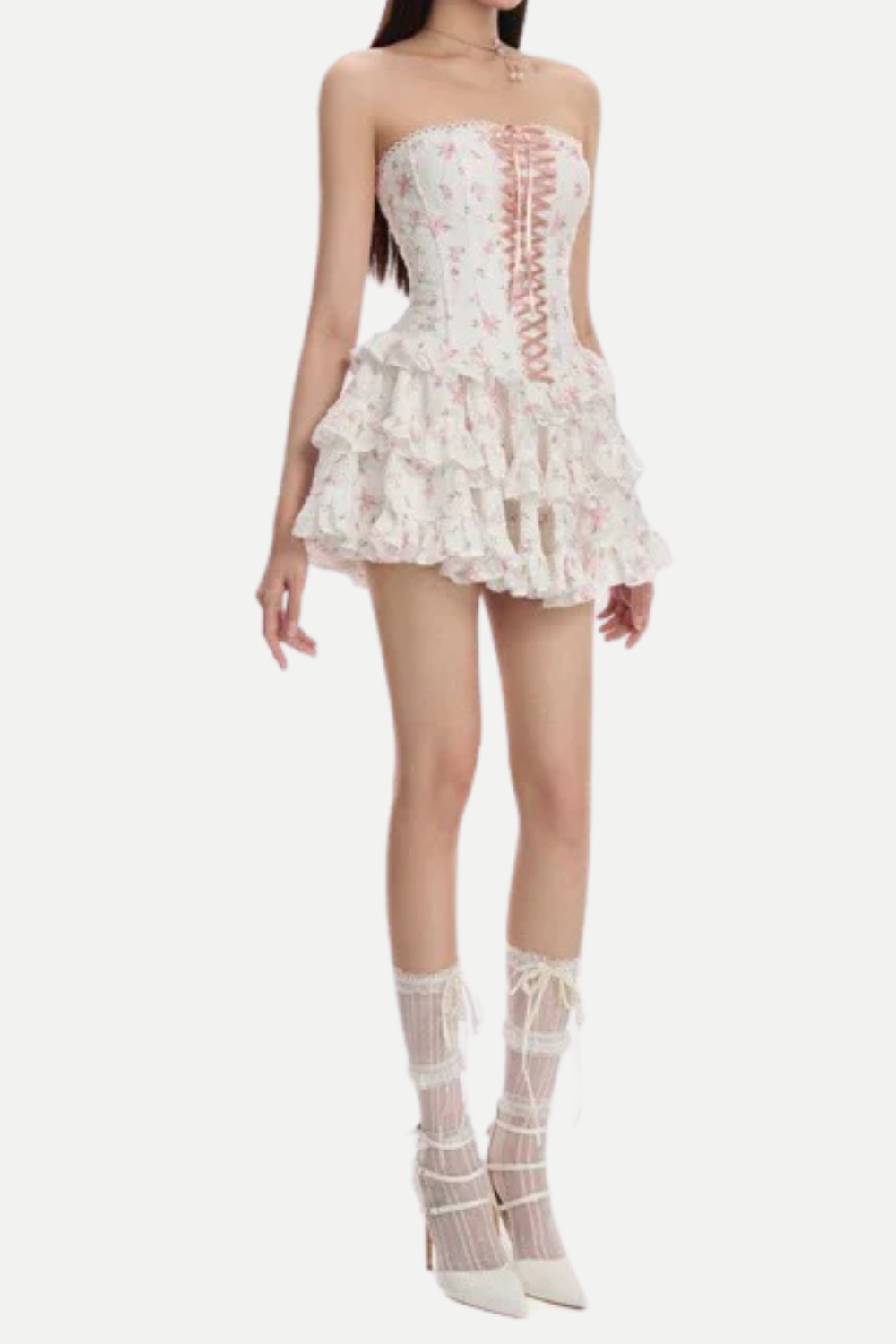 floral print chest-wrapped mini dress in white