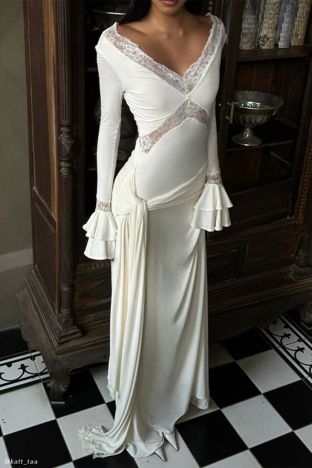 pamela V-neck lace see-through maxi dress in white