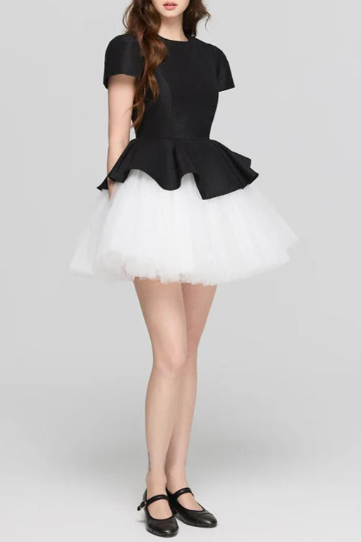 two-tone Velvet ruffle hem puffy mini dress