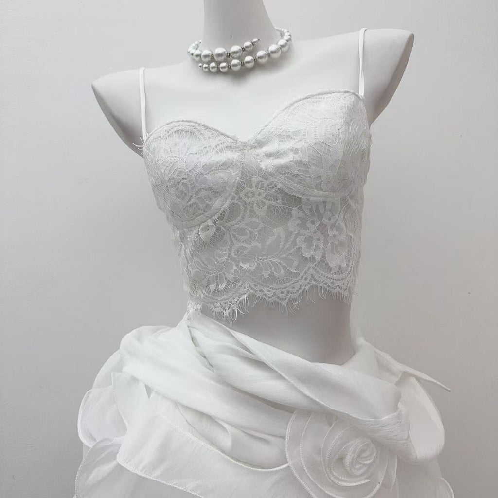 flower ruffle ribbon mini dress in white