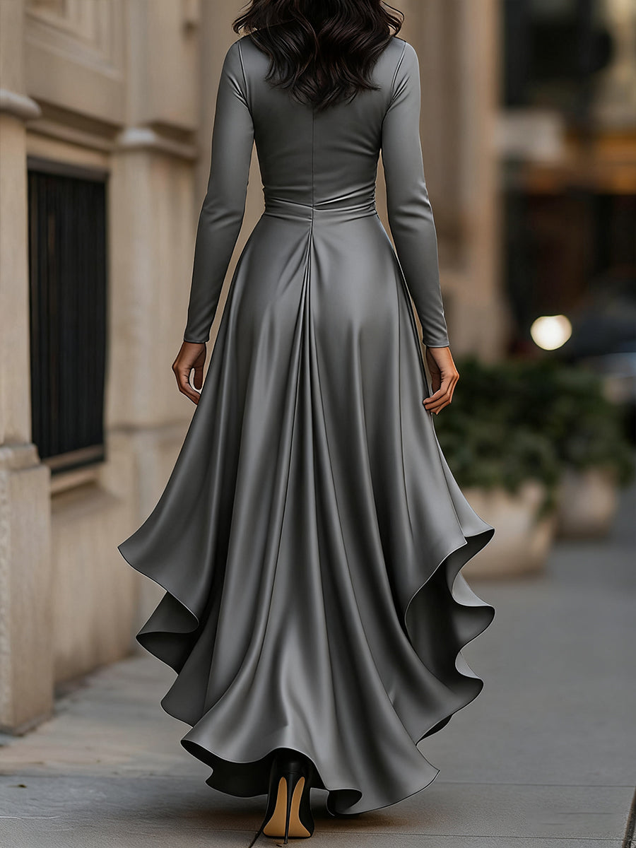 Midnight Blue Draped Satin Maxi Dress With Ruffle Details