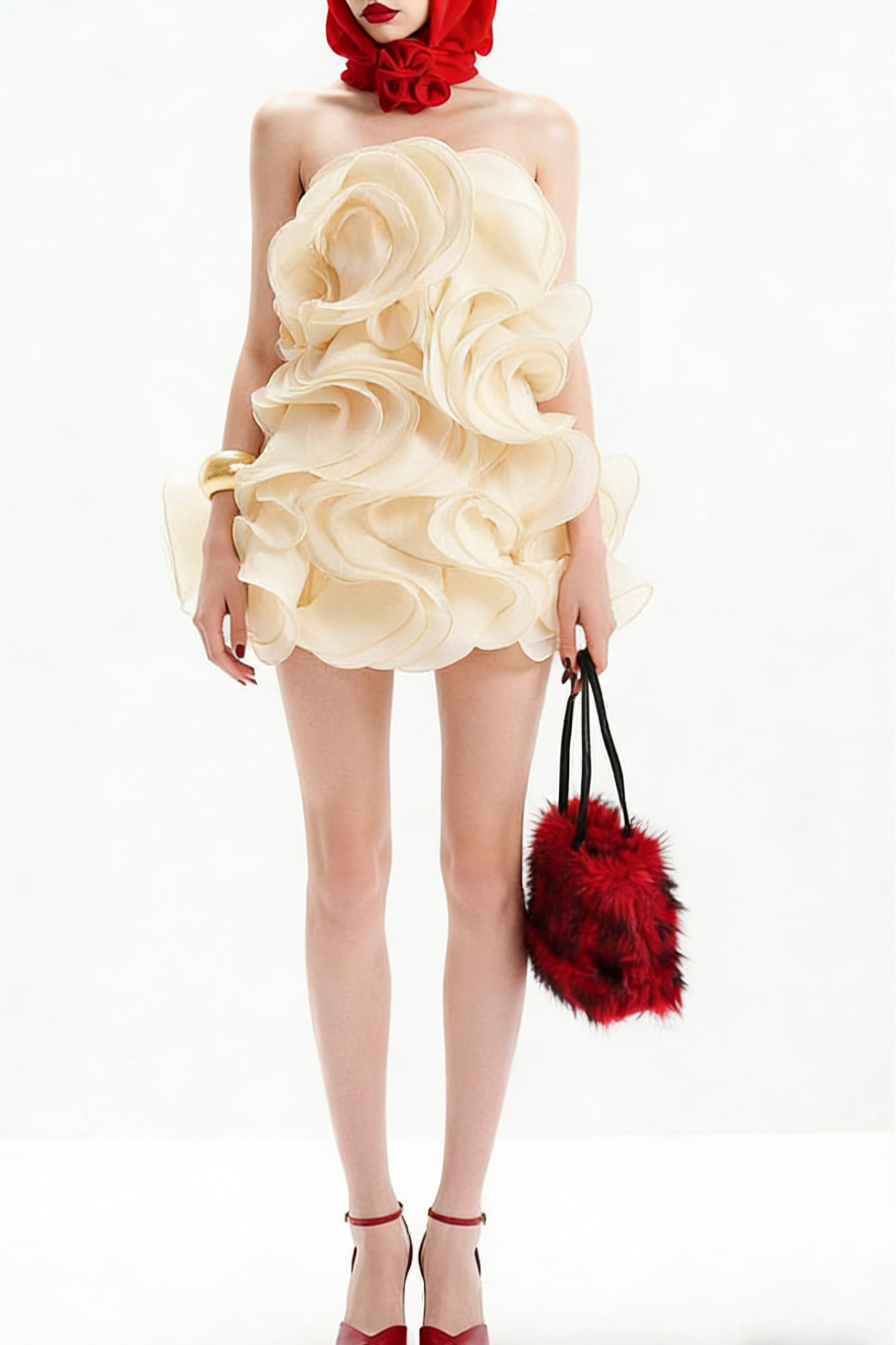 verna Multi-layered 3d pleated mini dress in beige