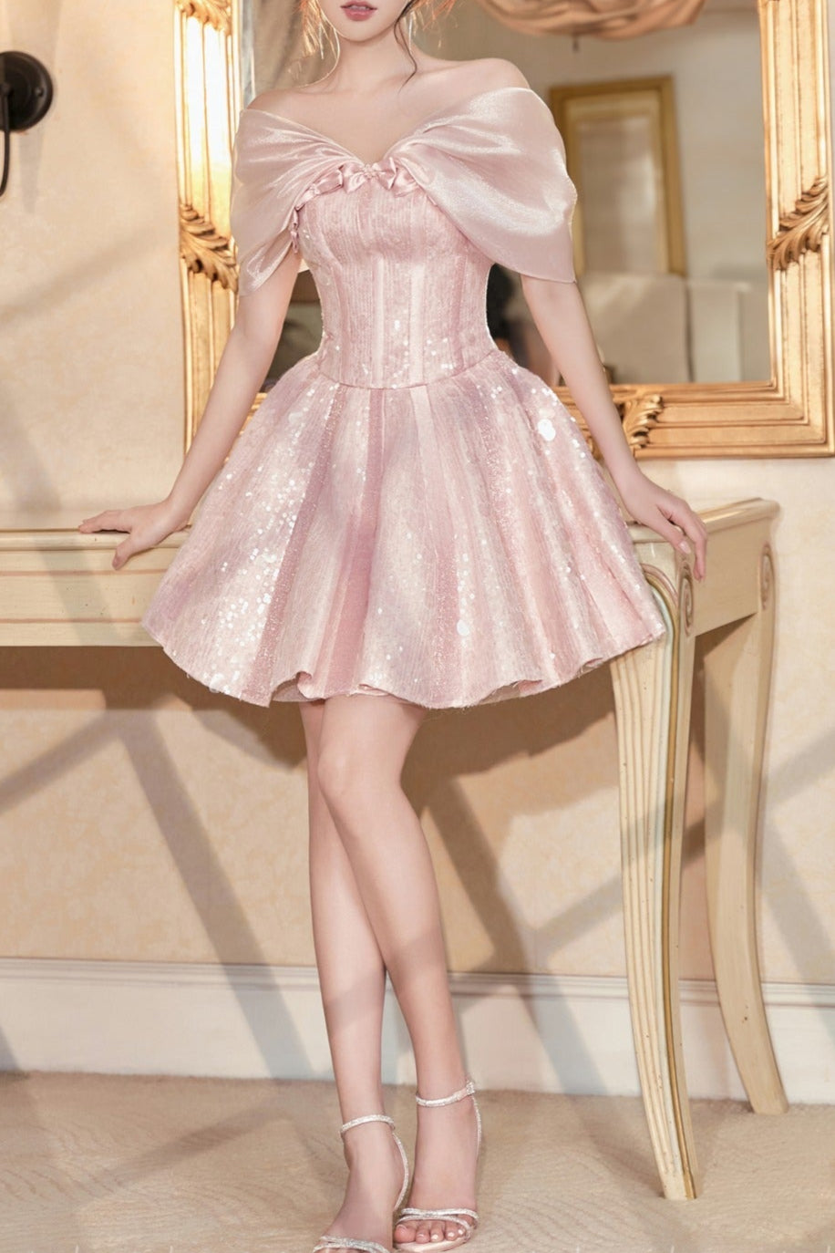 STRAPLESS SEQUIN MINI DRESS IN PINK