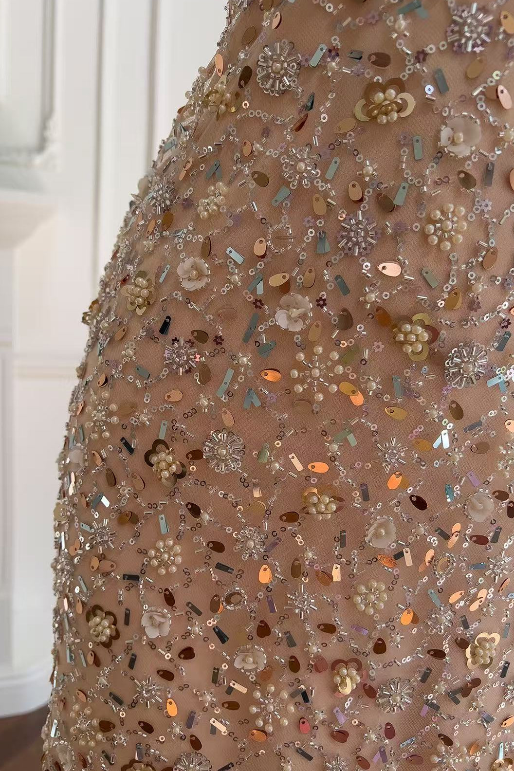 Embroidery v -neck midi dress in beige