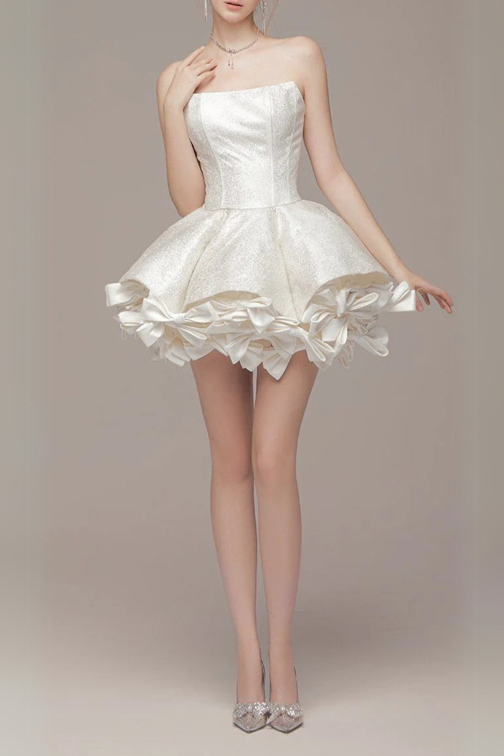 bow trim strapless mini dress in white