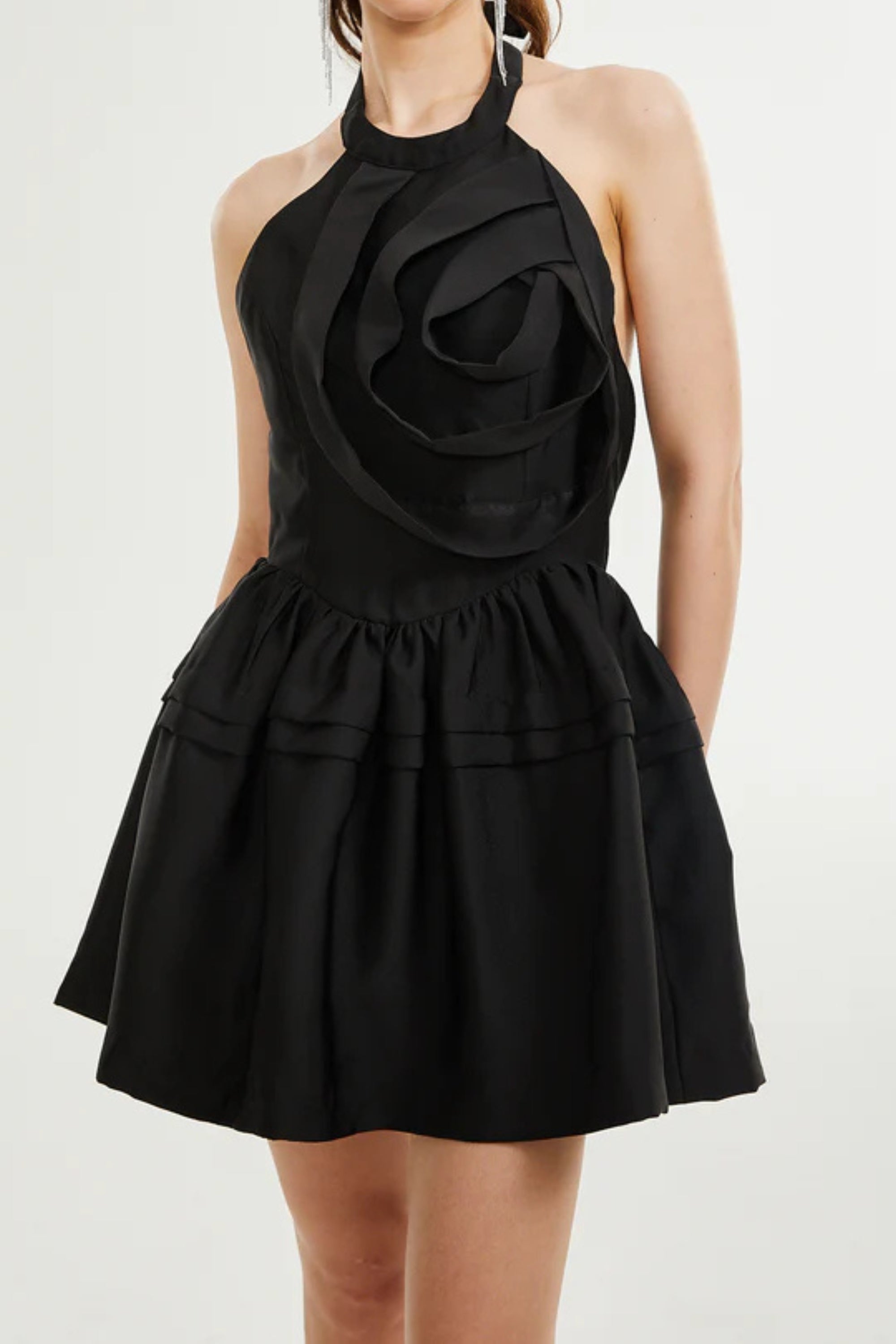 FLORAL APPLIQUÉ HALTER NECK MINI DRESS IN BLACK