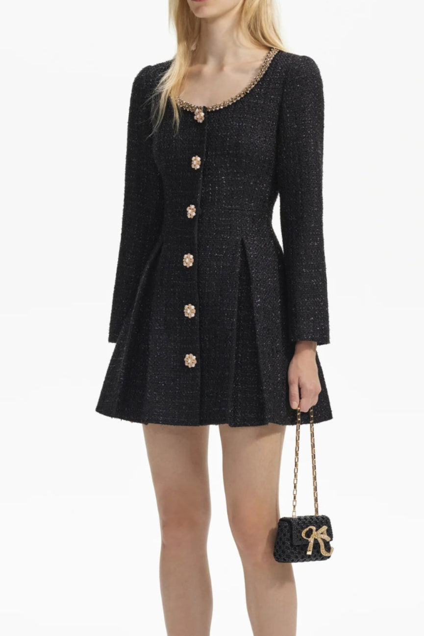 BLACK BOUCLE TAILORED MINI DRESS