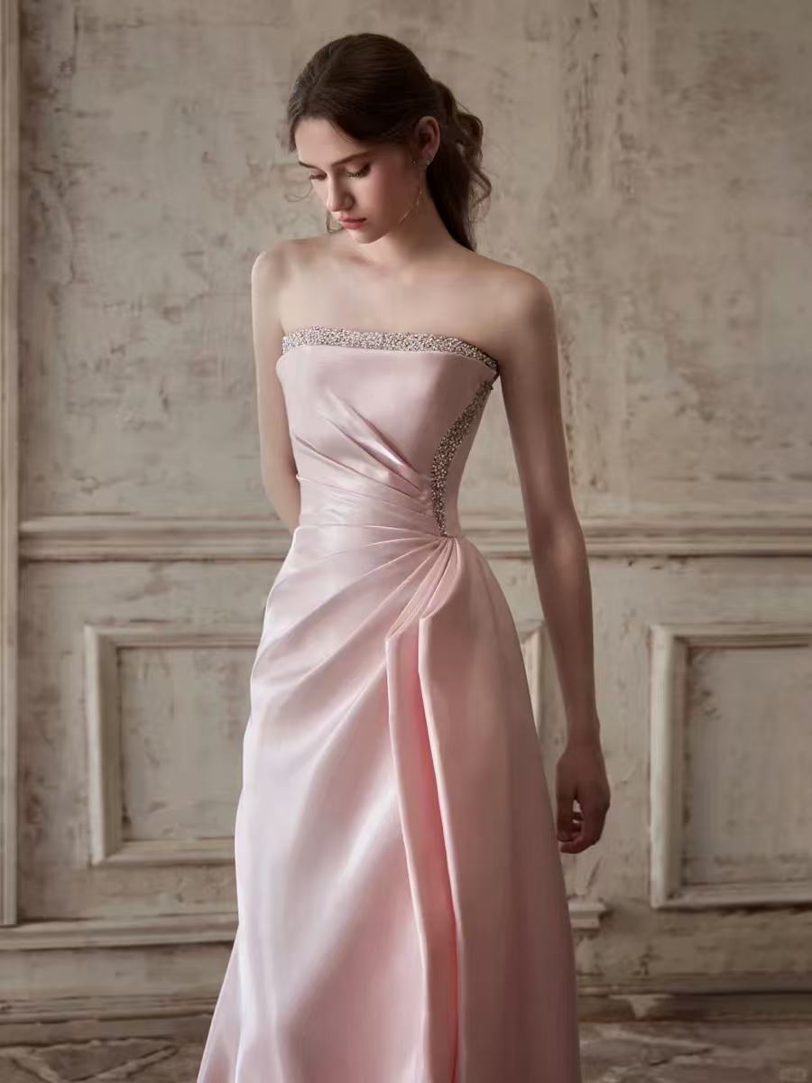 Mermaid Ruched Strapless Beading Pink Prom Dress