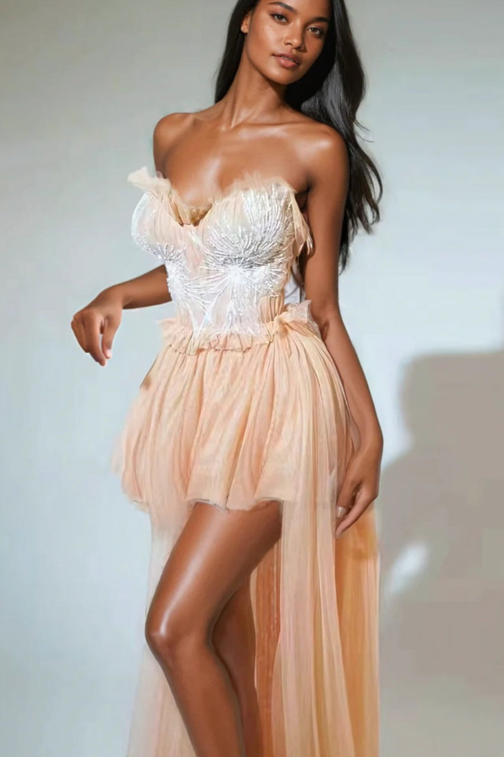 Kalene Strapless Ruffle Tulle Dress In Apricot