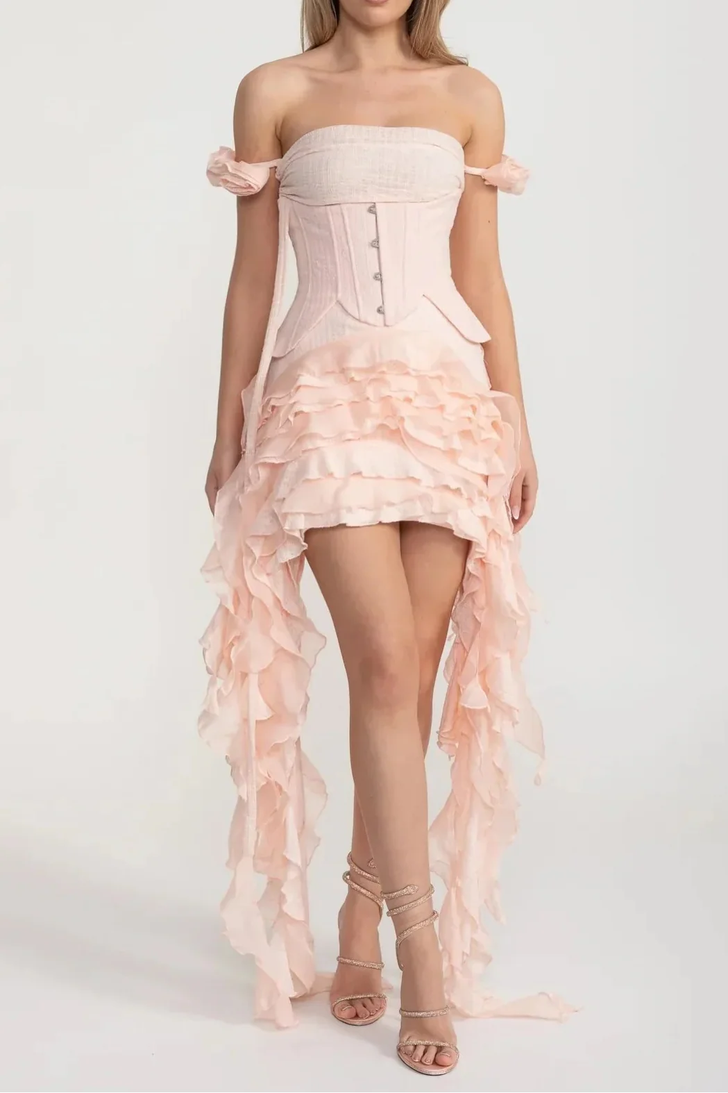 Vintage Inspired Corset Dress With Ruched Bustier And Flowing Ruffled Side Details - Pink
