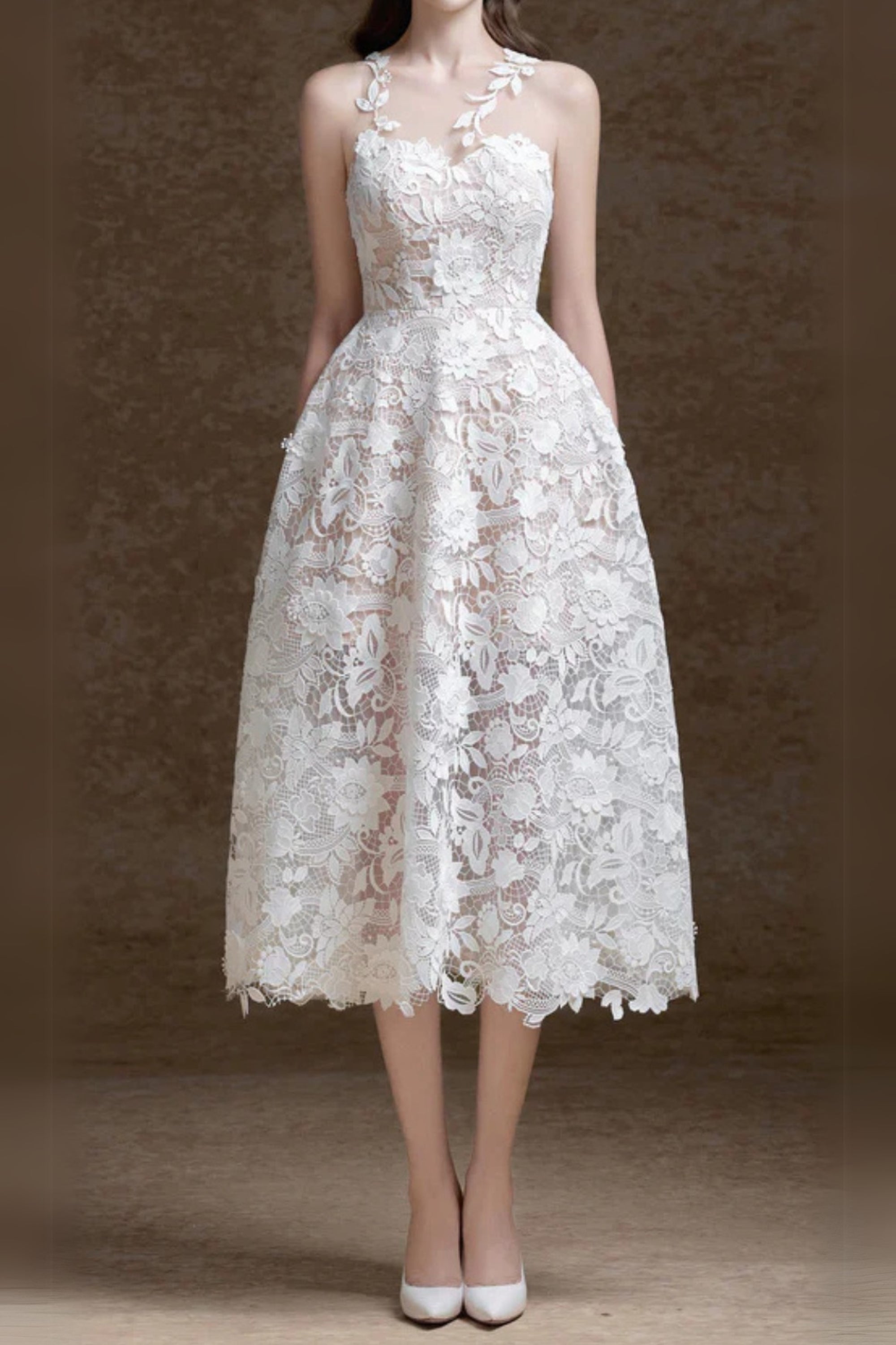 erica floral lace midi dress in white