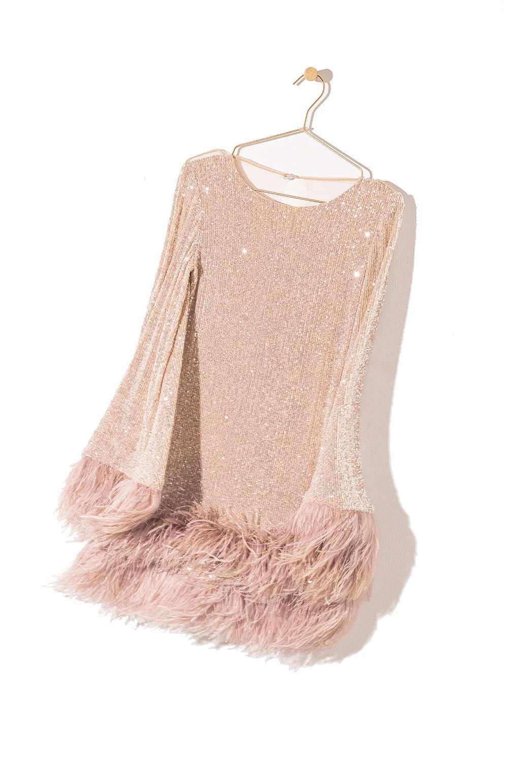 murray pale pink sequin feather trim backless mini dress