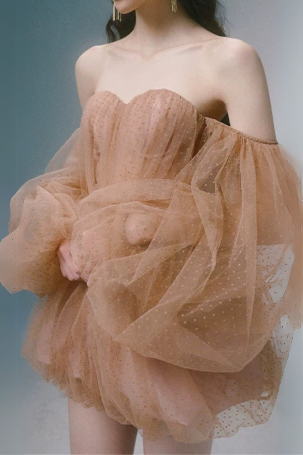 winni strapless mesh mini dress in kahki