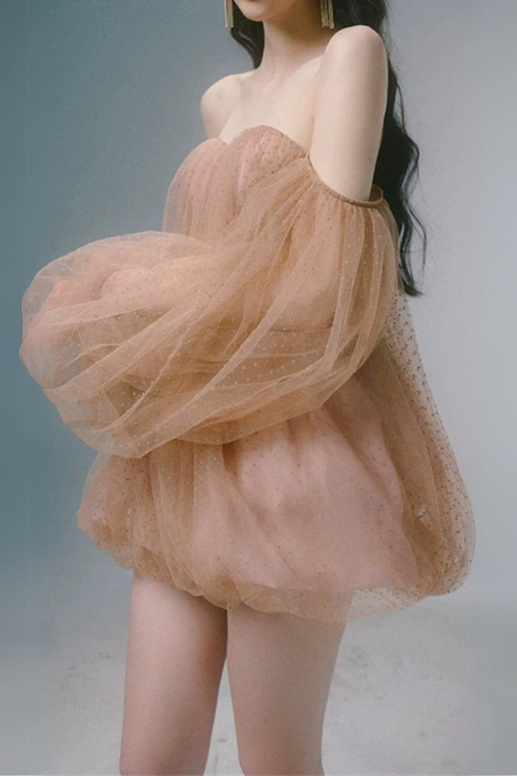 winni strapless mesh mini dress in kahki