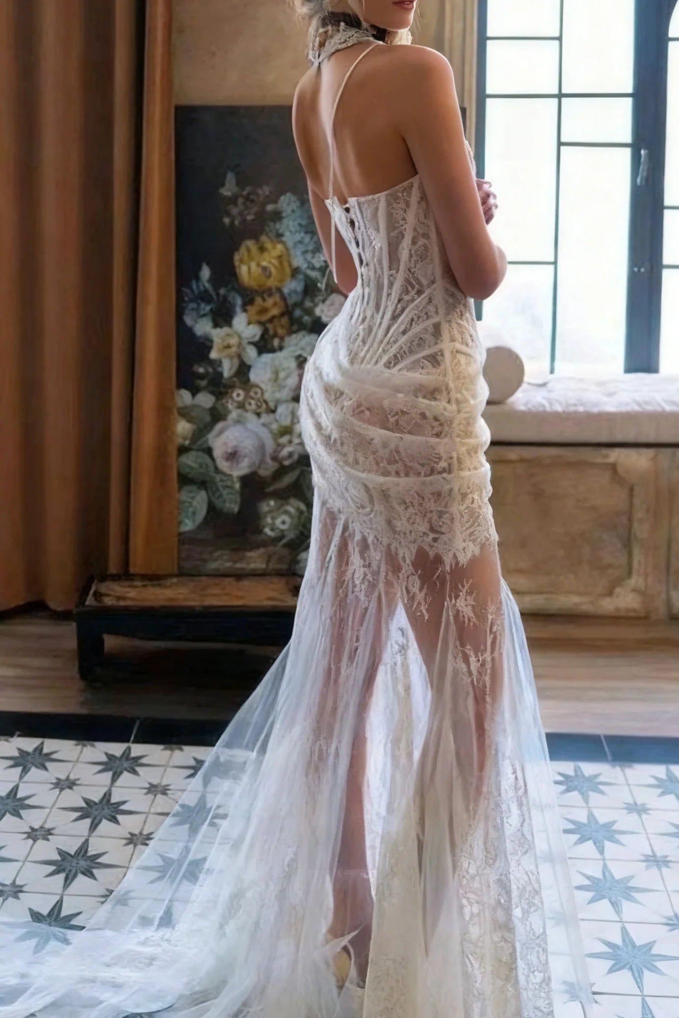 rita ivory sheer lace corset maxi dress with draped neckline