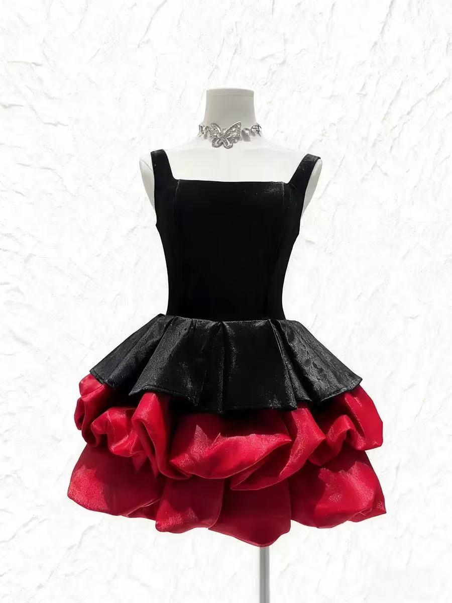 alexandra layer Wavy trim mini dress  - black/red