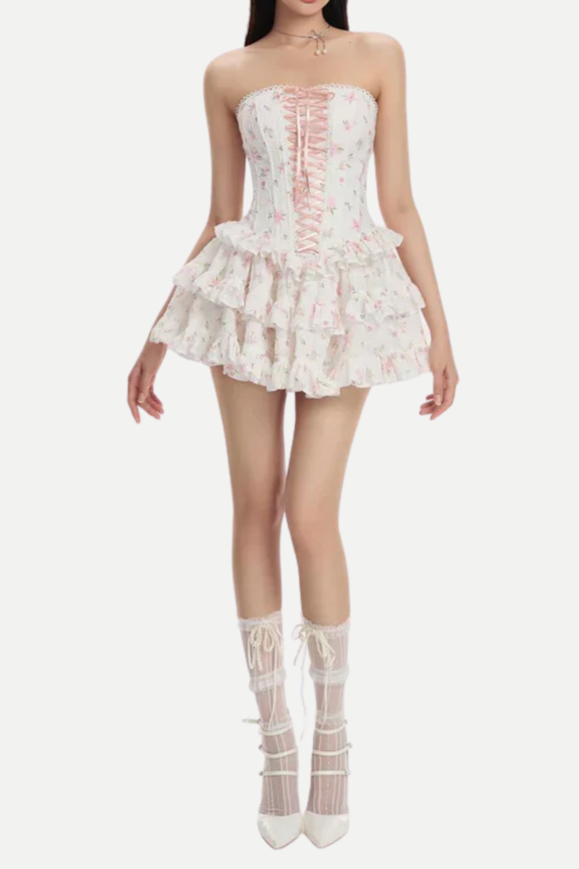 floral print chest-wrapped mini dress in white