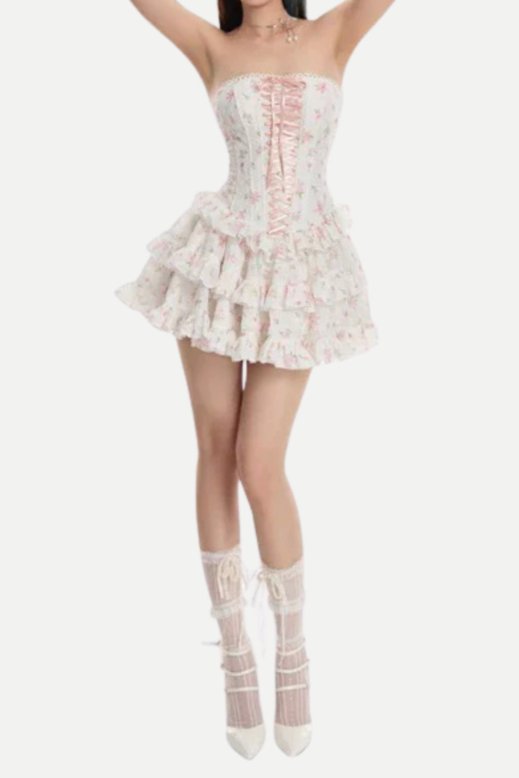 floral print chest-wrapped mini dress in white