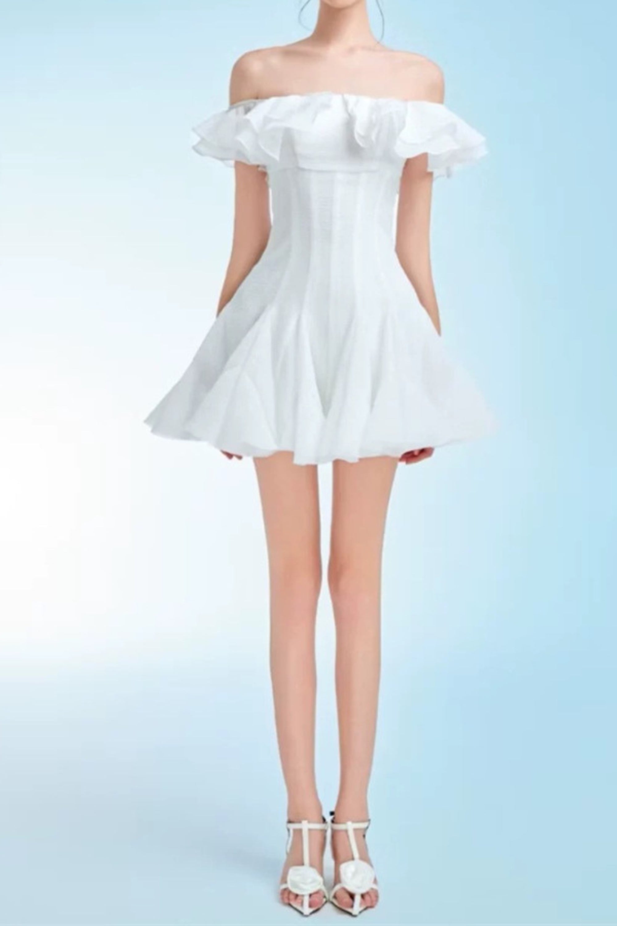 stephanie off-shoulder ruffle trim mini dress in white