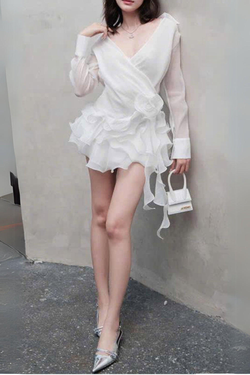 flower ruffle ribbon mini dress in white