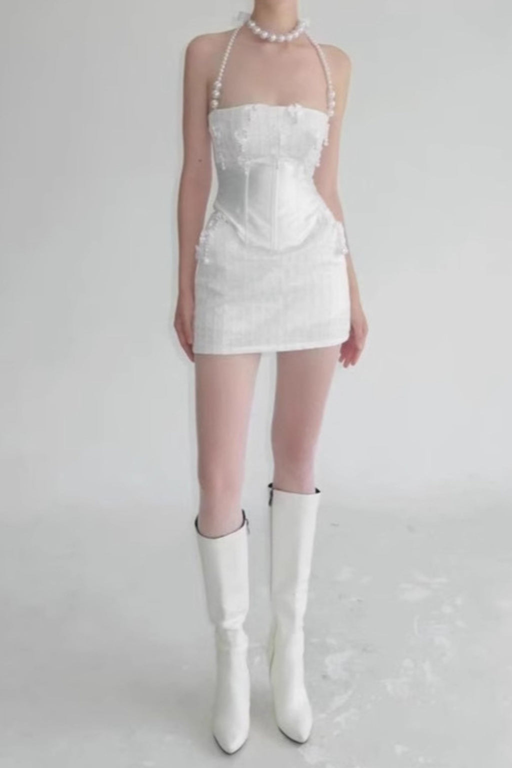 pearl fishbone wrap top skirt set in white