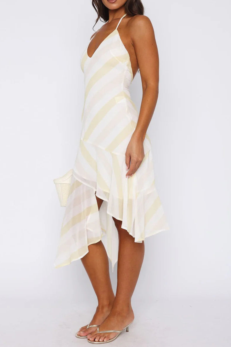 backless Citrus Stripe Midi Dress in ivory
