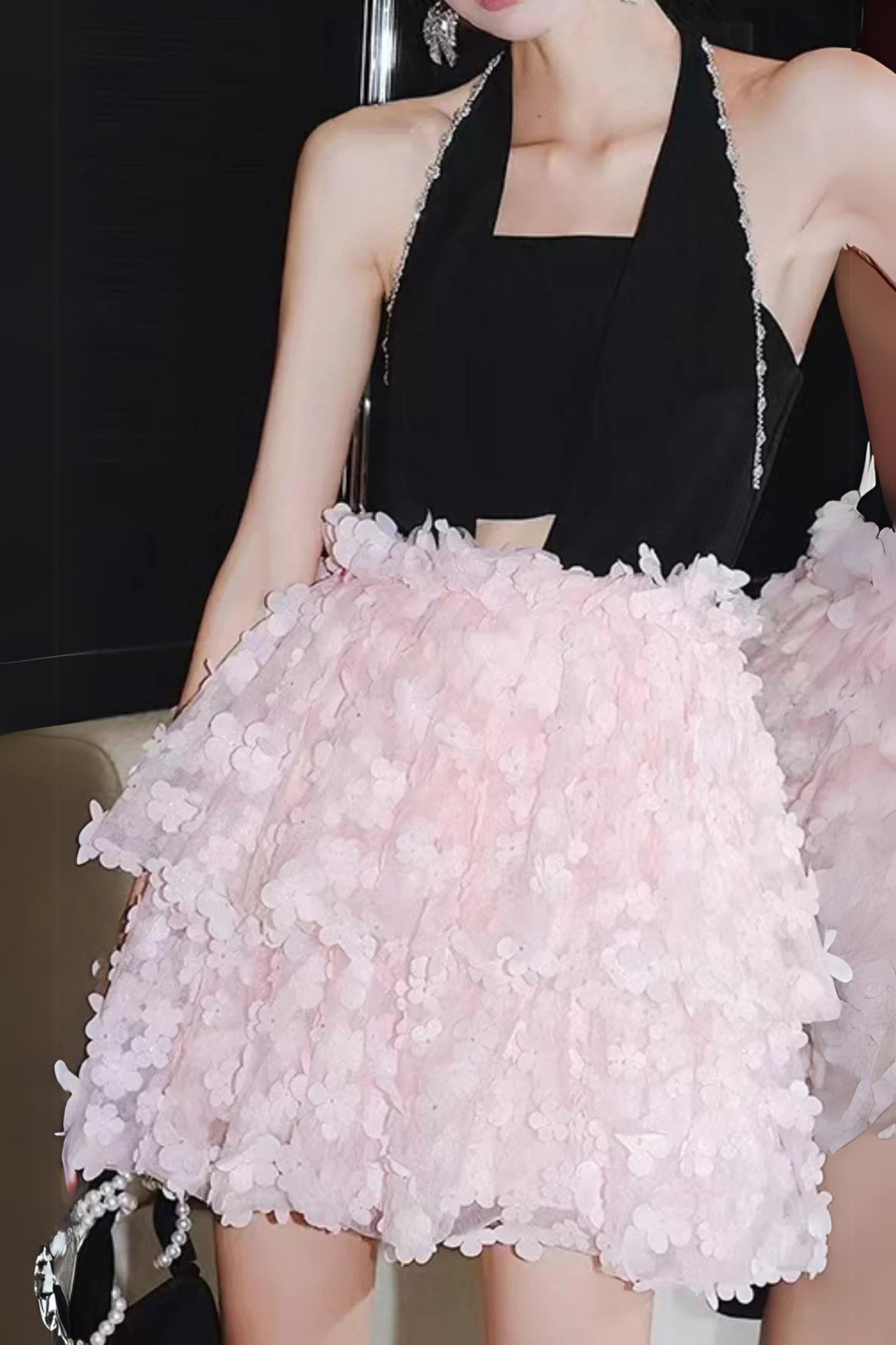 SLEEVELESS HALTER DRESS WITH PINK FLOWERS IN BLACK