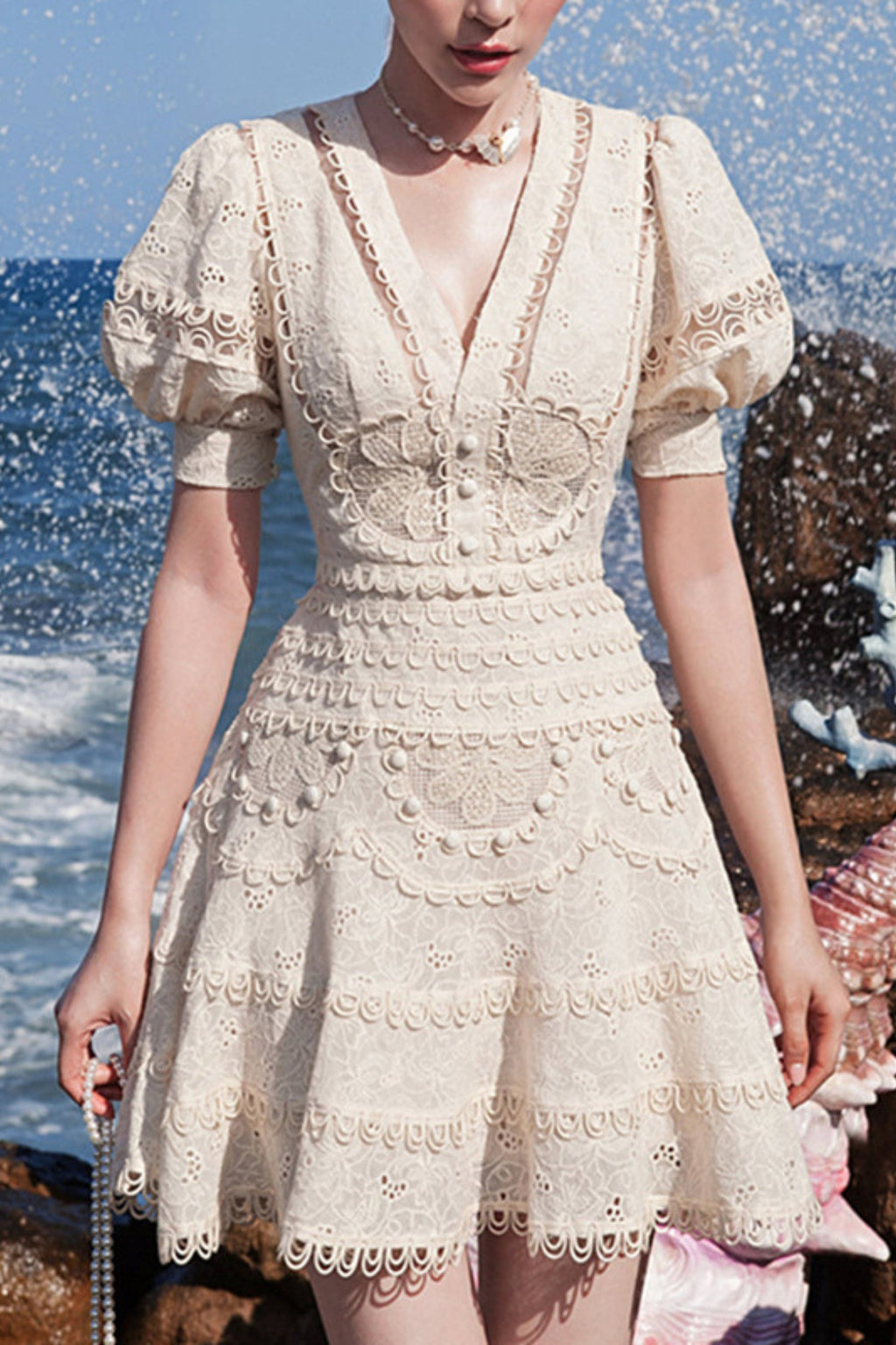 LACE V-NECK MIDI DRESS IN WHITE