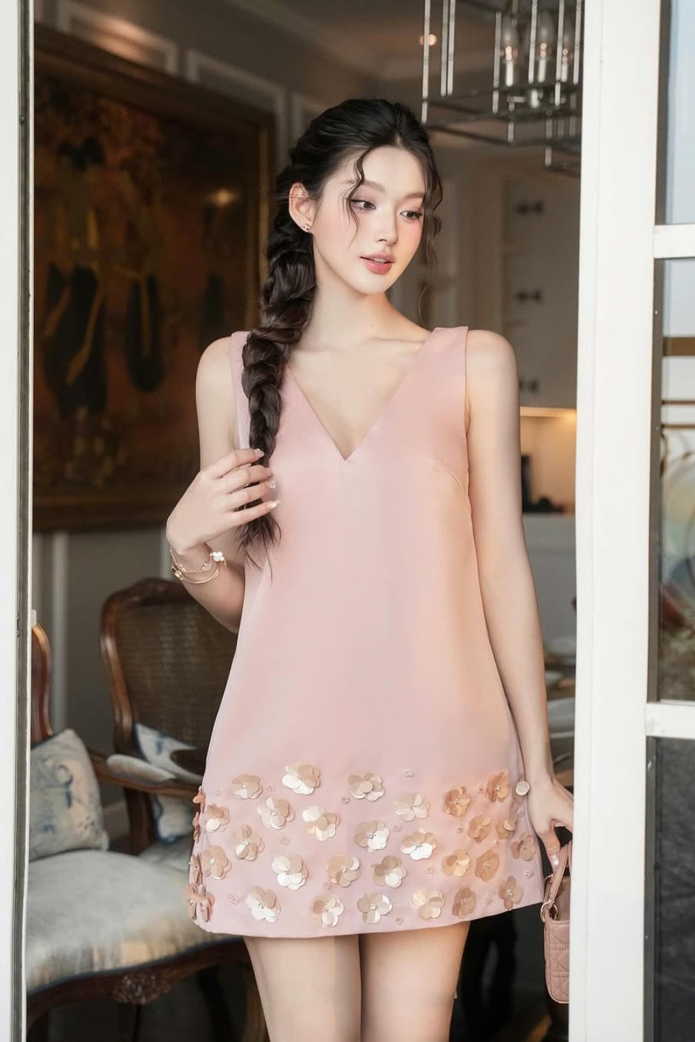 flower sleeveless v-neck mini dress in pink