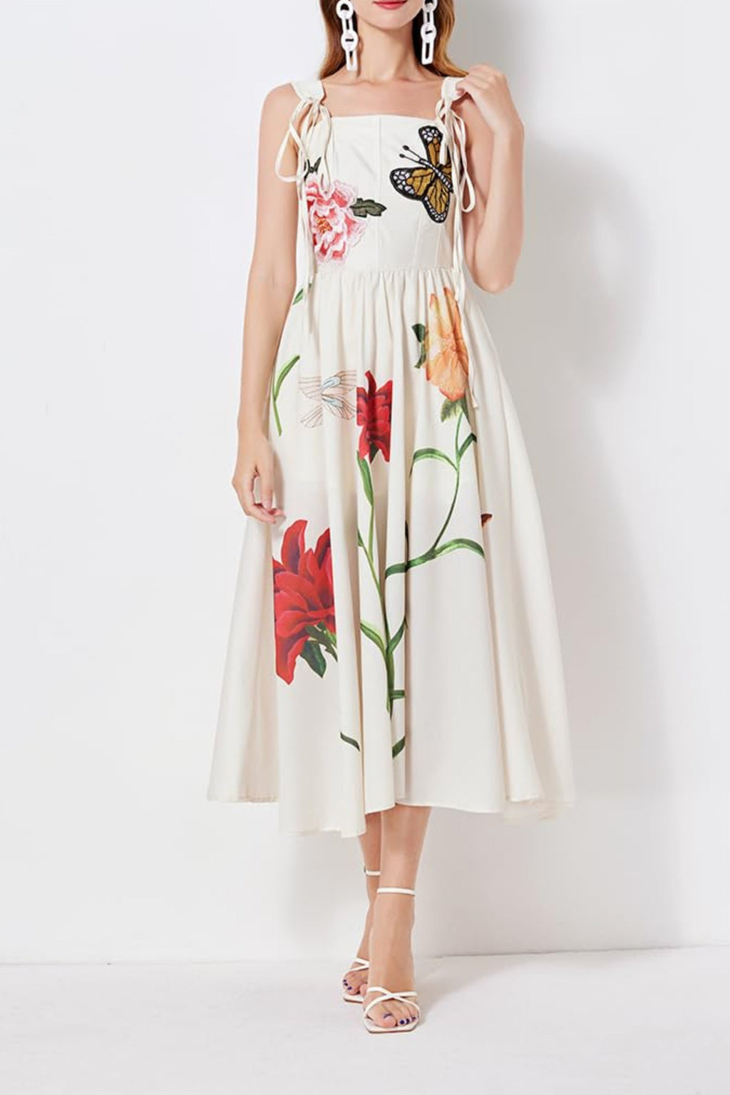 BUTTERFLY FLOWER PRINY MIDI DRESS IN GRAY