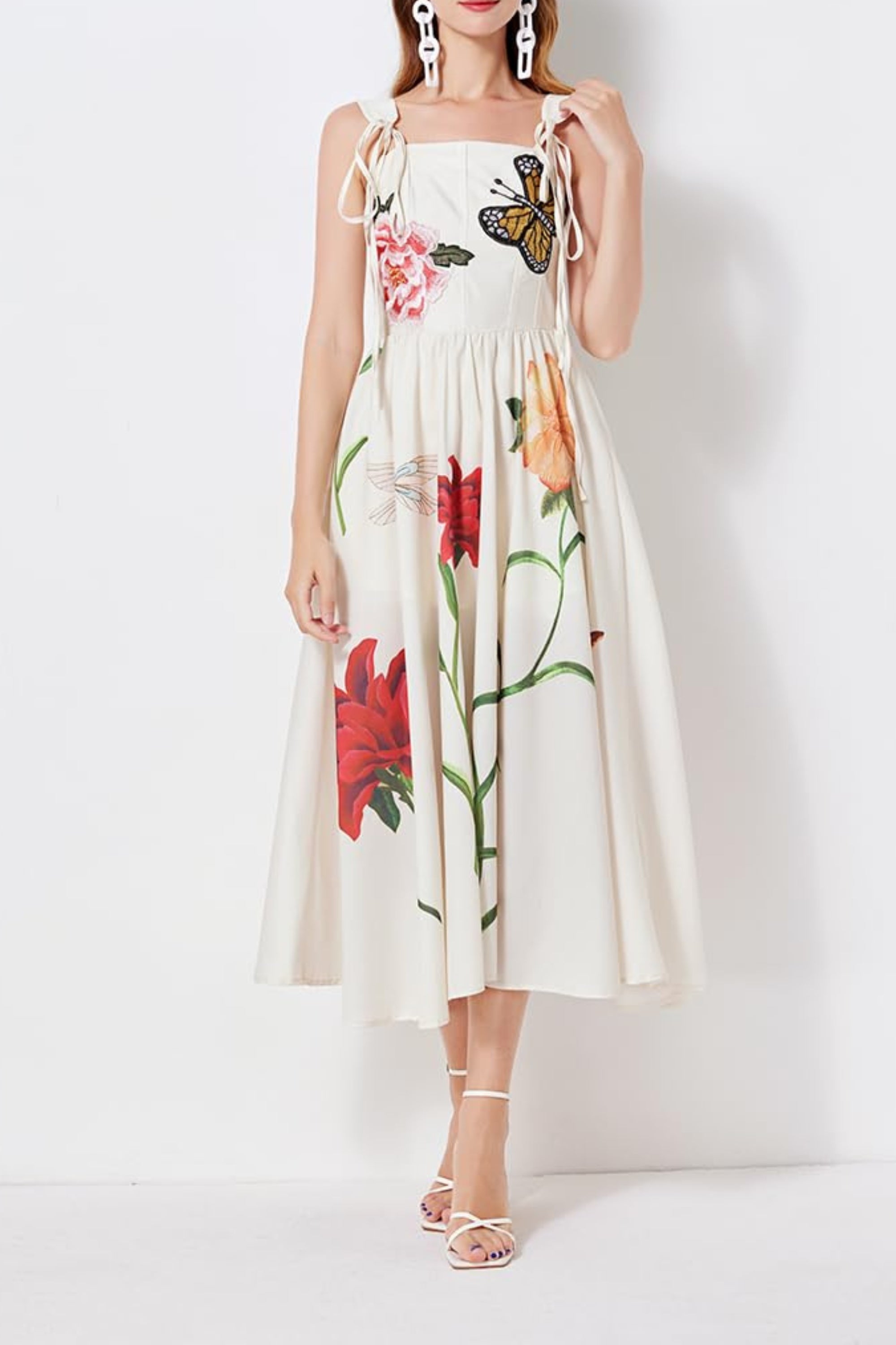 BUTTERFLY FLOWER PRINY MIDI DRESS IN GRAY