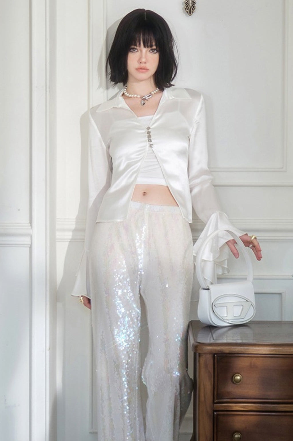 White Satin Ruffle Sleeve Cinched Waist Shirt