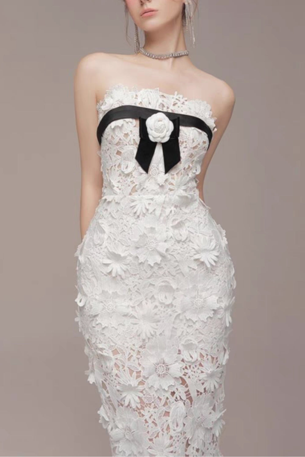 Strapless Flower Embroidery Maxi Dress In White