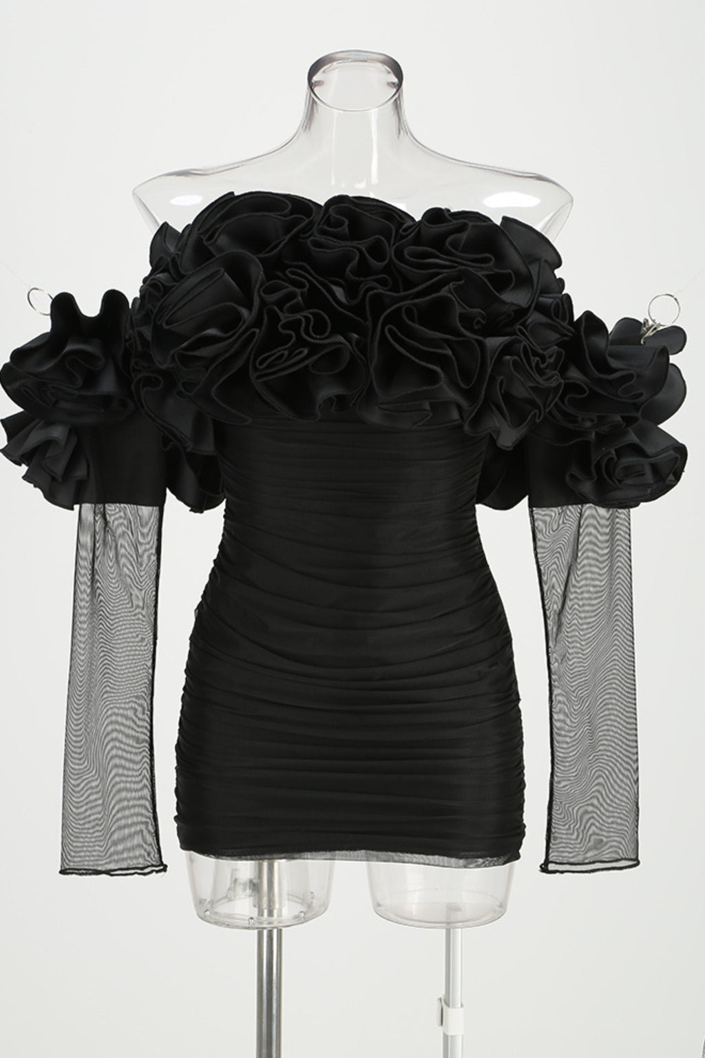 Floral off shoulder mini dresses in black