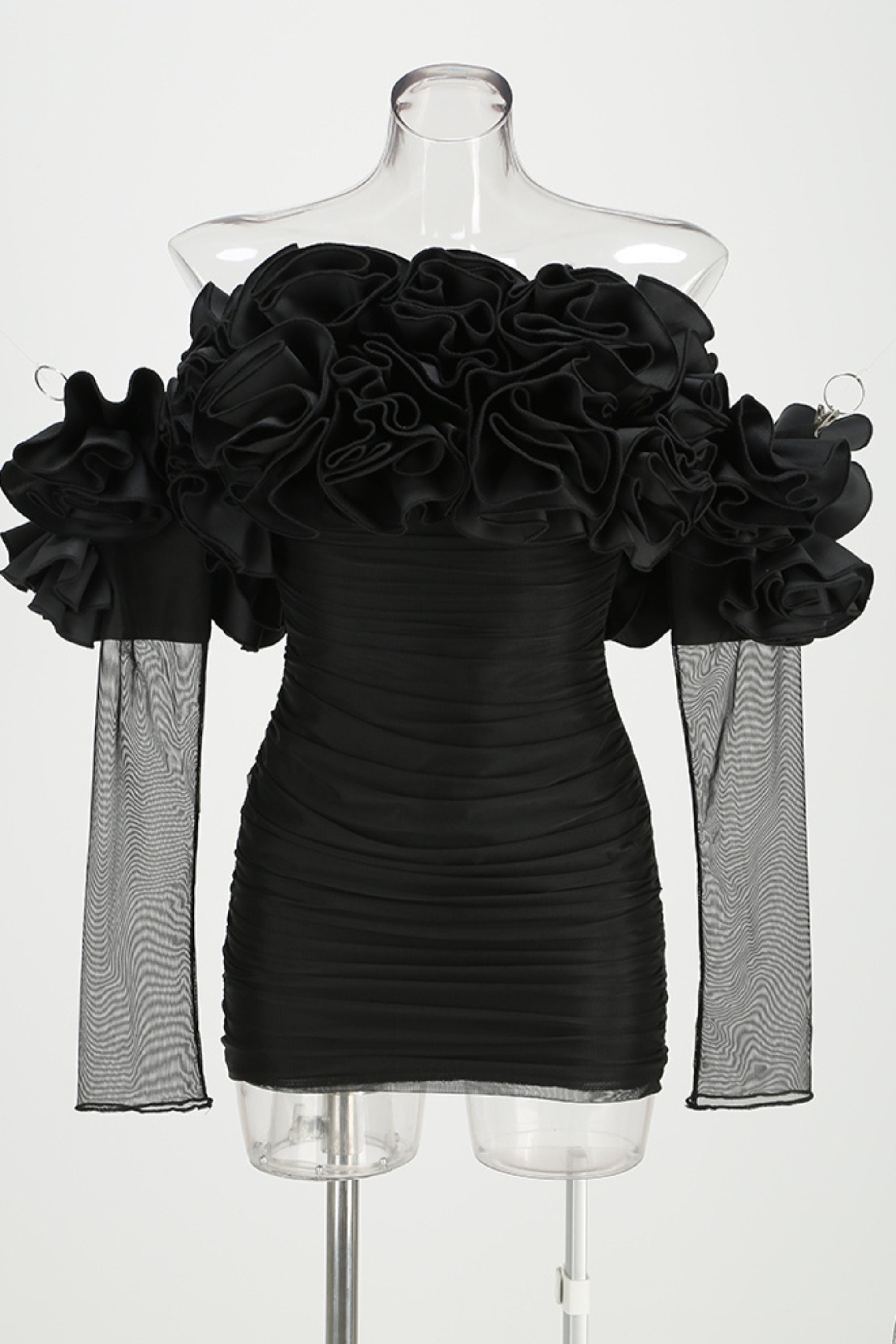 Floral off shoulder mini dresses in black