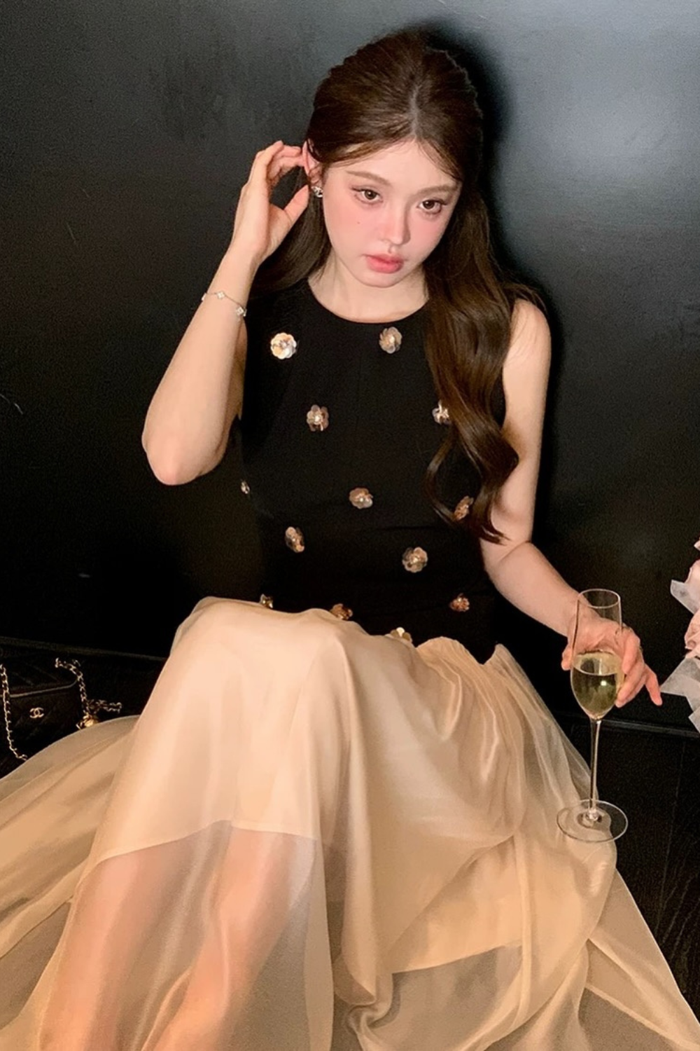 Stereoscopic Flower sleeveless mesh midi dress