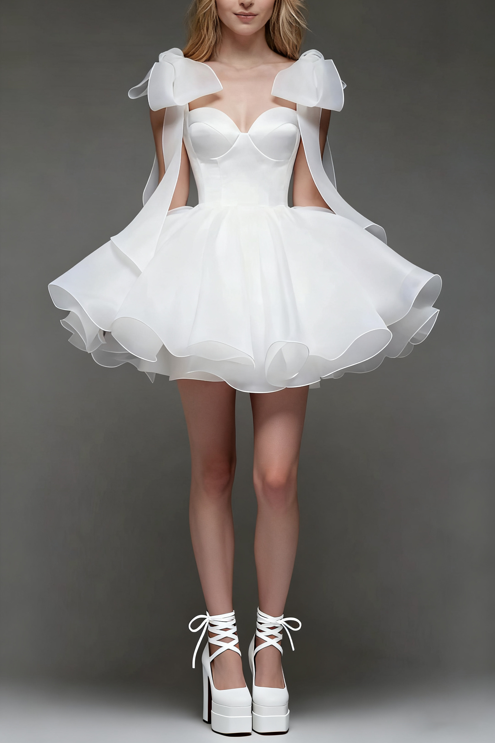 WHITE BOW SHOULDER MINI DRESS