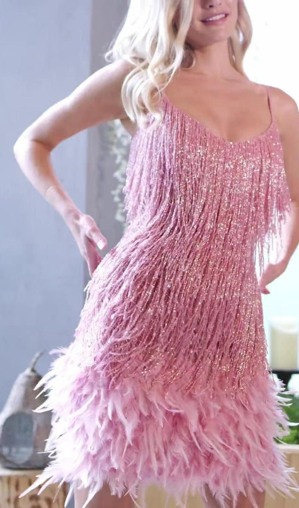 PINK TASSEL FEATHER MINI DRESS